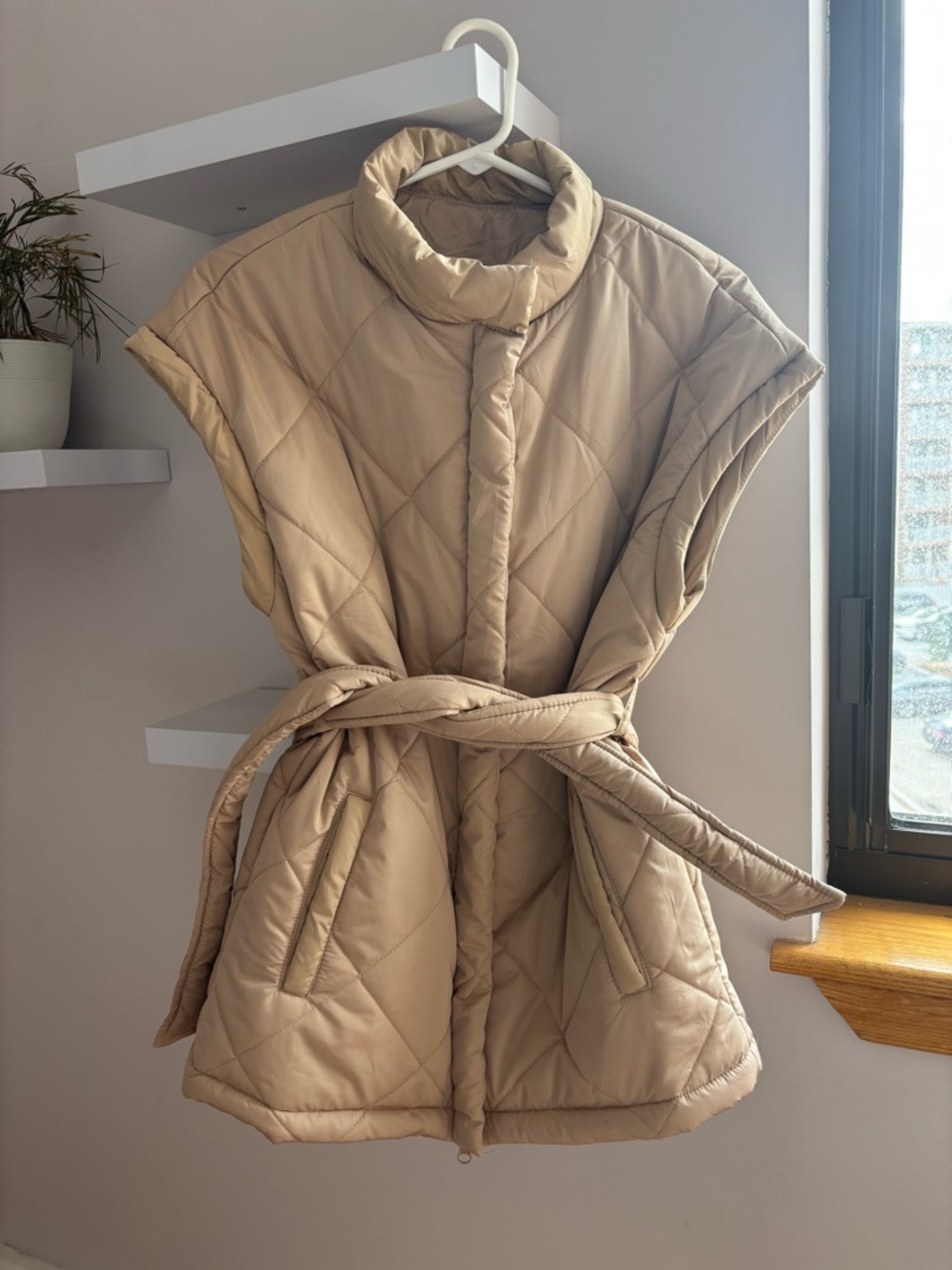 Beige Quilted Belted Puffer Vest